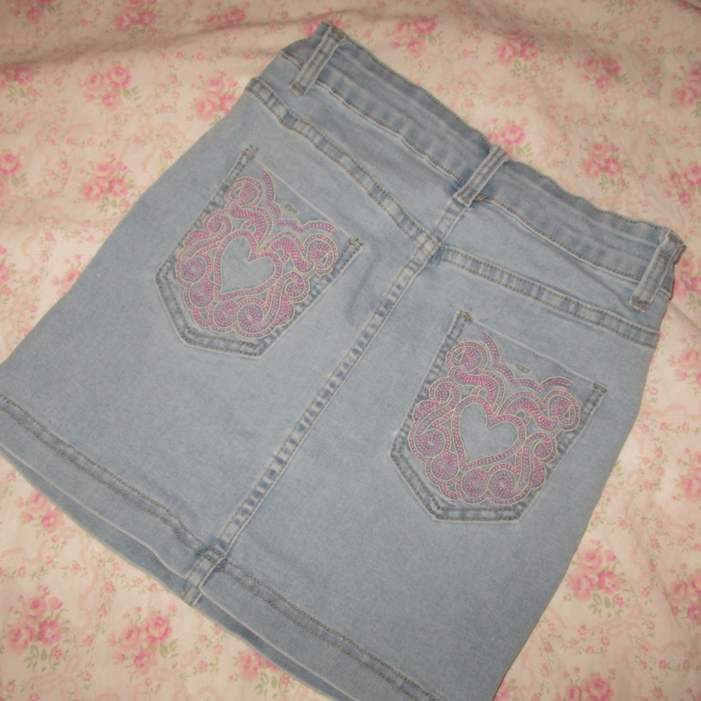 SHEIN Light Blue Denim Skirt with Pink Embroidery